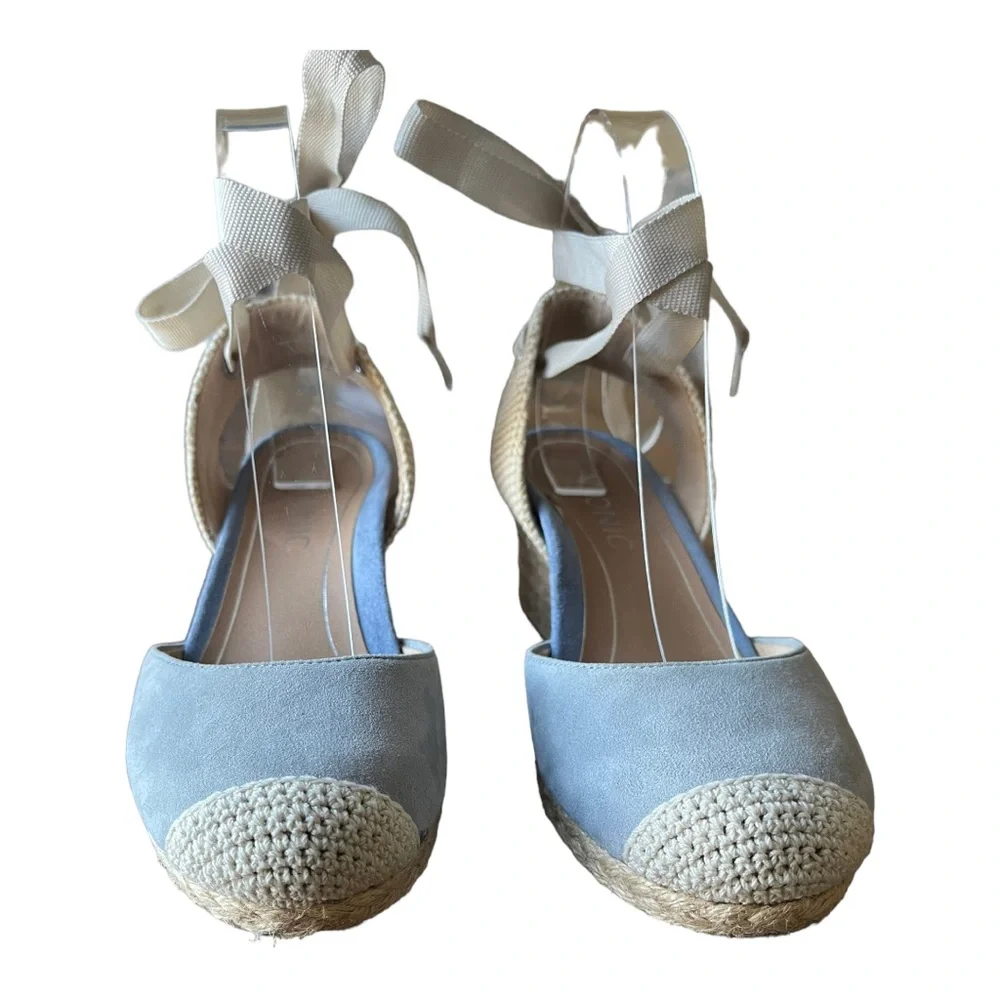 Vionic Espadrille Wedges Strappy Tie Aruba Maris Blue and Khaki